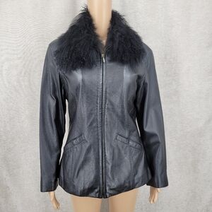 Maxima Wilsons Y2K Black Leather Jacket with Plush Mongolian Lamb Fur Collar